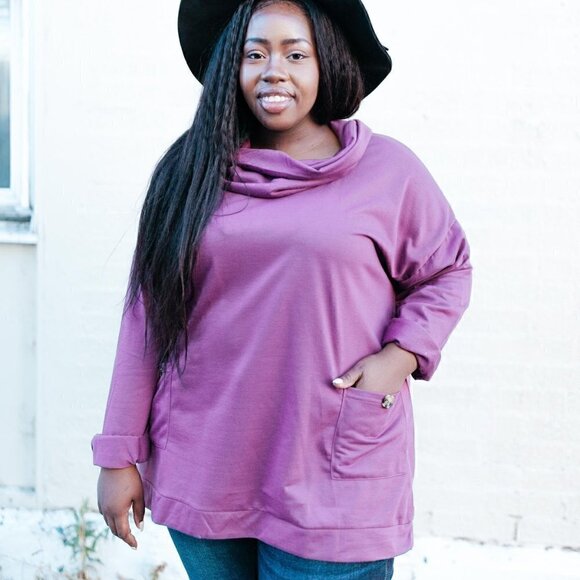 Doublju Plum Cowl Neck Sweater w/ Front Pockets - Picture 1 of 5